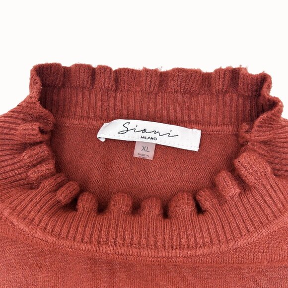 Sioni Milano XL Ruffle Neck Sweater With Sheer Lace Petal Sleeves In Rust - Picture 2 of 4